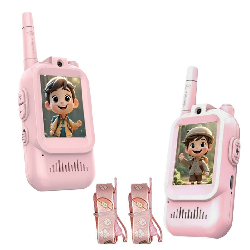 Pink Face-to-Face Video Walkie Talkie set for kids with safety lanyards and instant video chat capability
