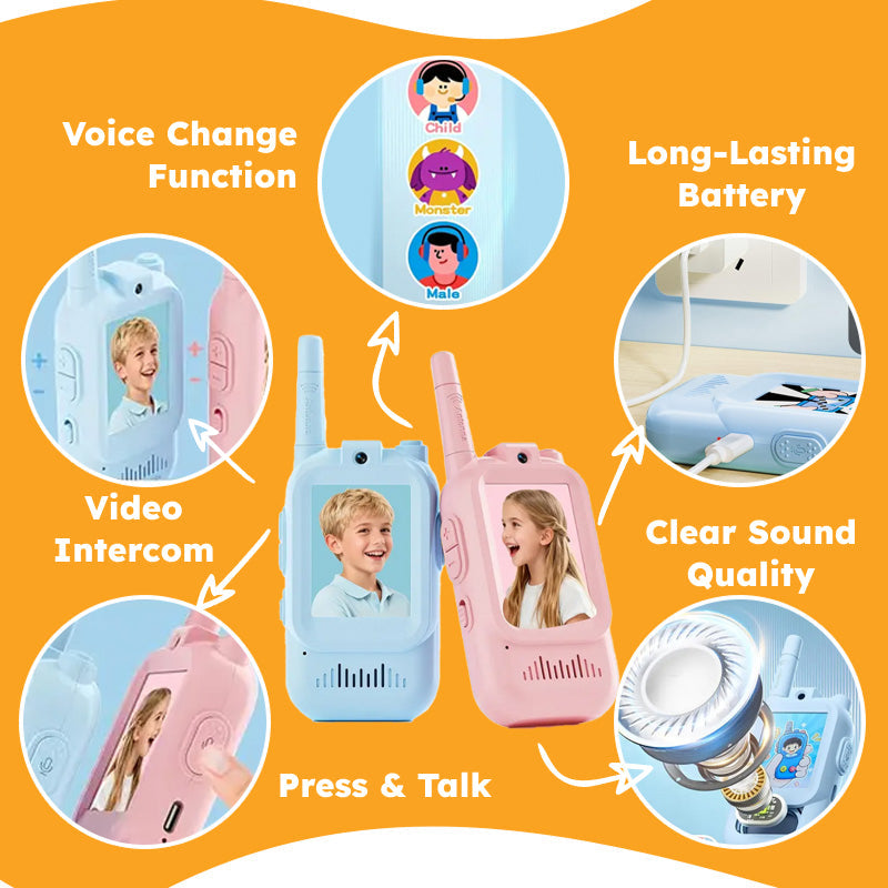 Face-to-Face Video Walkie Talkie set for kids with video intercom, voice change function, clear sound, and long-lasting battery in blue and pink colors
