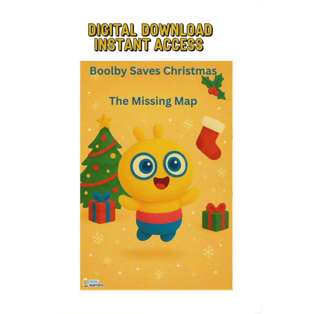 Cover of Boolby Saves Christmas eBook featuring a cheerful yellow character, Christmas tree, and gifts.