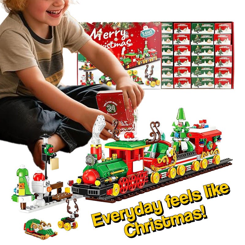Child playing with Holiday Express Train Advent Calendar building Christmas train and festive scene on track