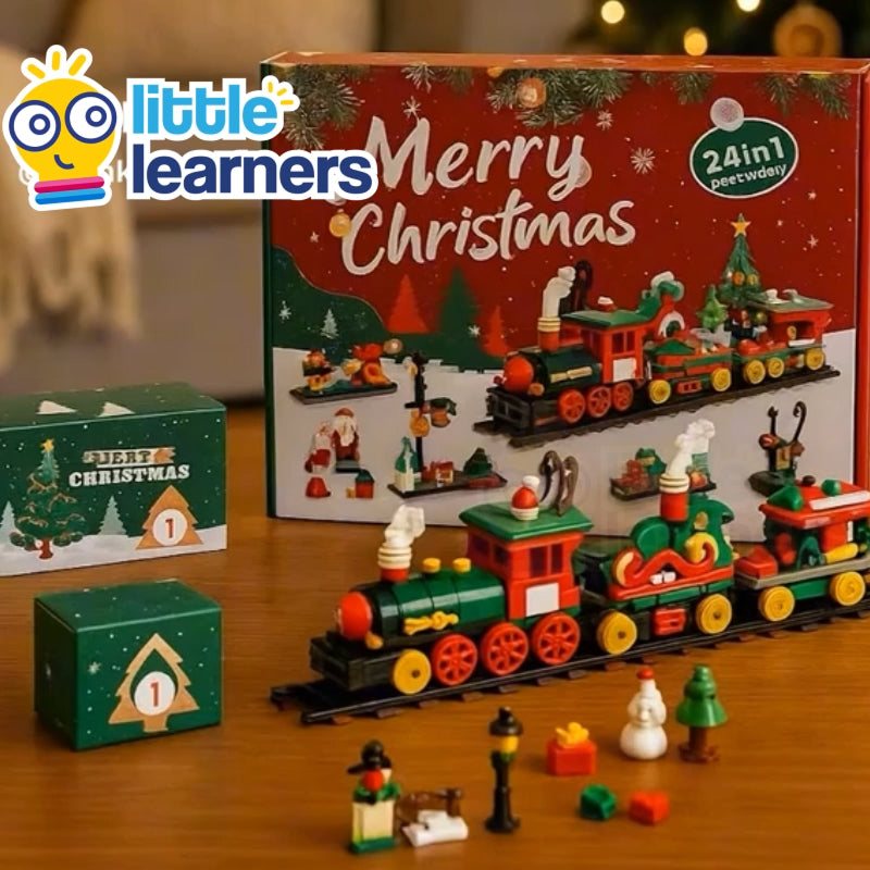 Holiday Express Train Advent Calendar with 24 mini Christmas builds forming a festive train set for kids ages 6+