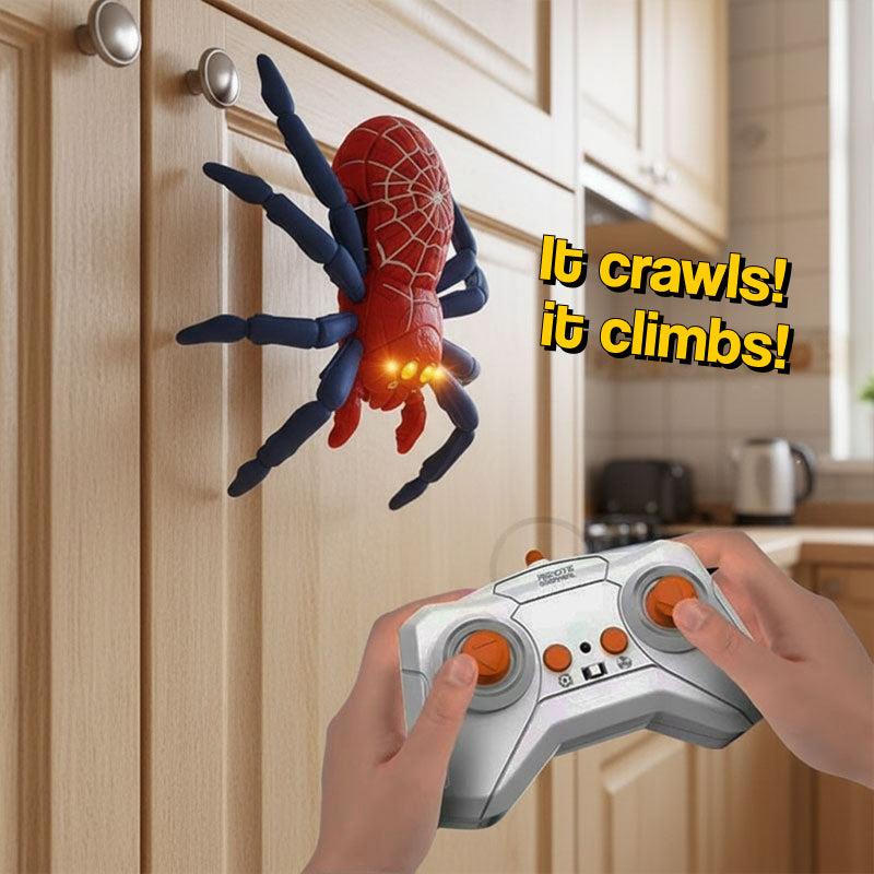 2-in-1 climbing and crawling RC spider toy with remote control and light-up eyes on wall and floor