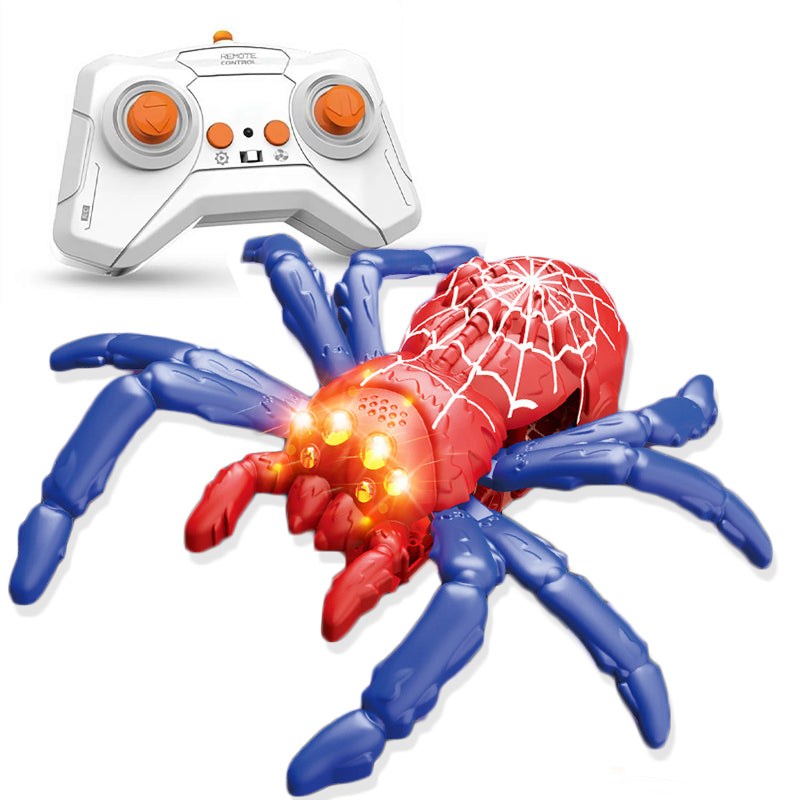 2-in-1 climbing and crawling RC spider toy with remote control and light-up eyes on wall and floor