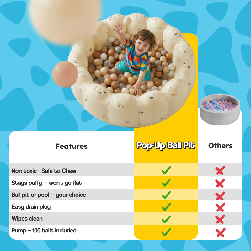 Pop-up ball pit with 100 balls, tall walls, and wipe-clean surface for toddlers and babies.