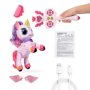 Child playing with magic wand controlling a dancing unicorn toy with detachable wings and USB charging