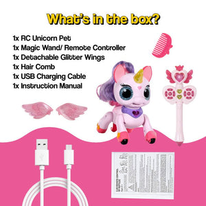 Child playing with magic wand controlling a dancing unicorn toy with glitter wings and music