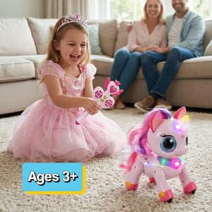 Child playing with magic wand controlling a dancing unicorn toy with detachable glitter wings and USB rechargeable battery
