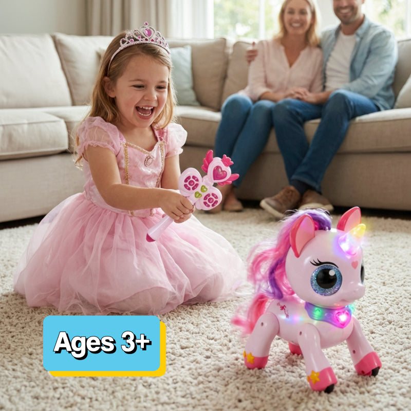 Child playing with magic wand controlling a dancing unicorn toy with detachable glitter wings and USB rechargeable battery