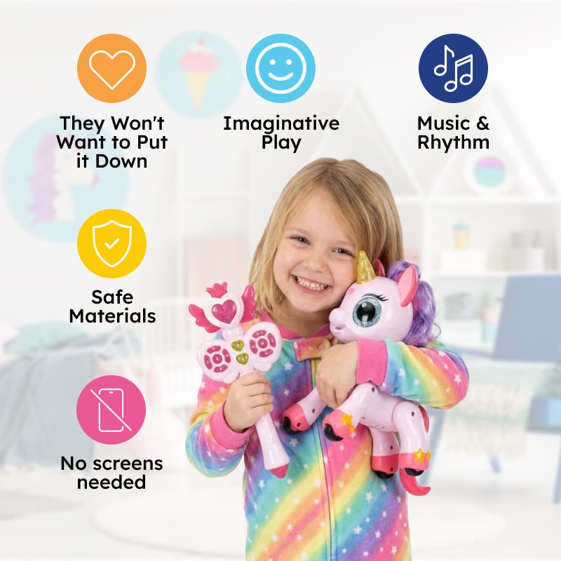 Child playing with a magic wand controlling a dancing RC unicorn toy with detachable glitter wings and USB charging cable