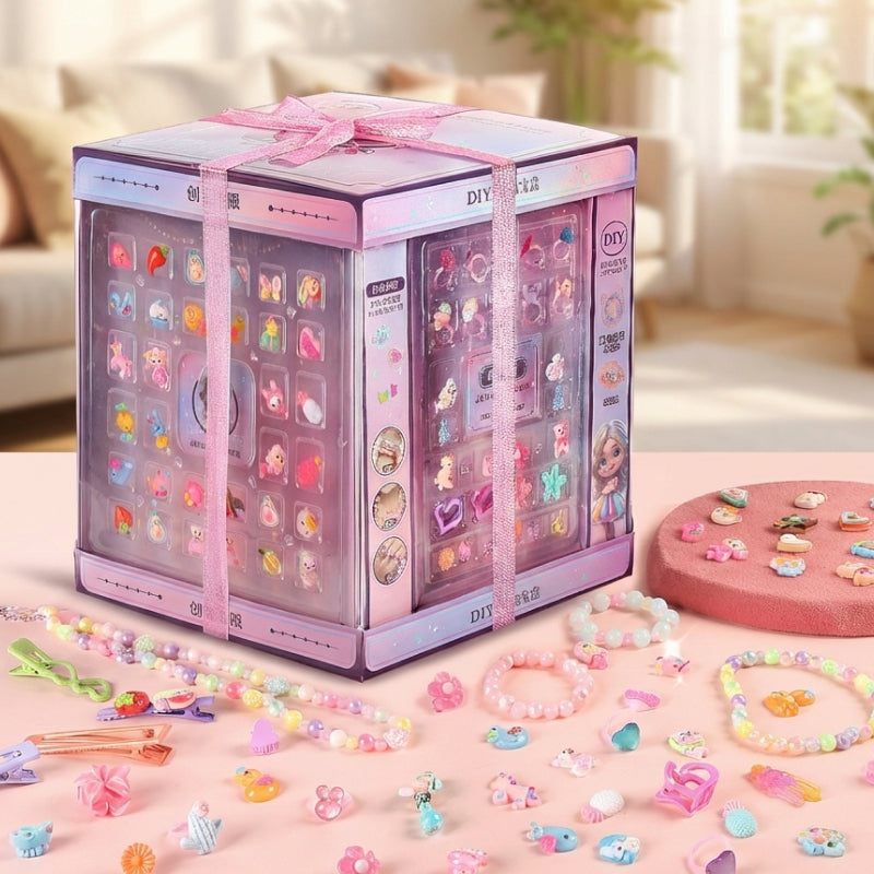 My Little Royalty Jewelry gift box with holographic packaging and pink ribbon containing 1,600+ beads and accessories for kids aged 4+