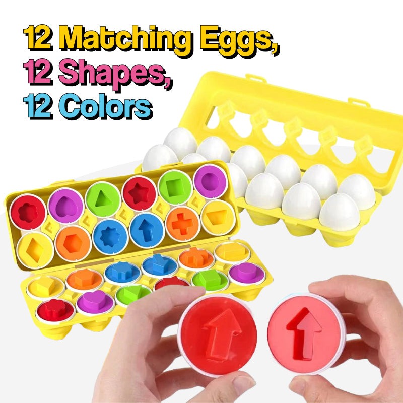 Montessori Shape & Color Matching Eggs educational toddler toy with 12 colorful matching halves in a reusable carton