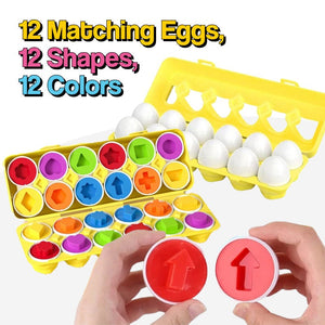 Montessori Shape & Color Matching Eggs educational toddler toy with 12 colorful matching halves in a reusable carton