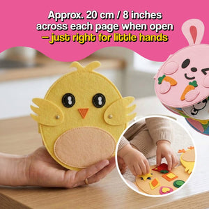 Montessori Felt Activity Book with 8 interactive felt pages for toddlers ages 1–4, screen-free and portable learning toy