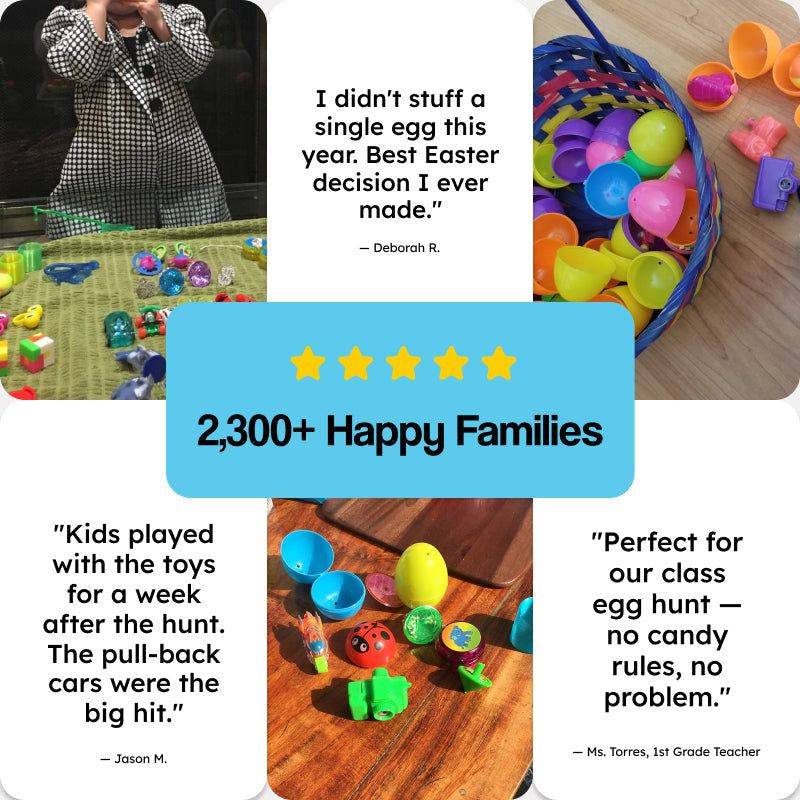 Colorful pre-filled Easter eggs with toys inside, ready for an Easter egg hunt and candy-free celebration
