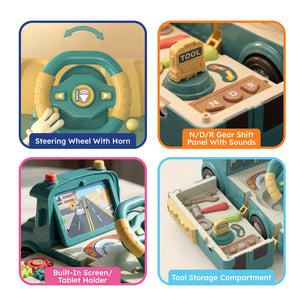2-in-1 Driver & Builder Workshop Bus toy with fold-out mechanic workshop and interactive tools for kids aged 3+