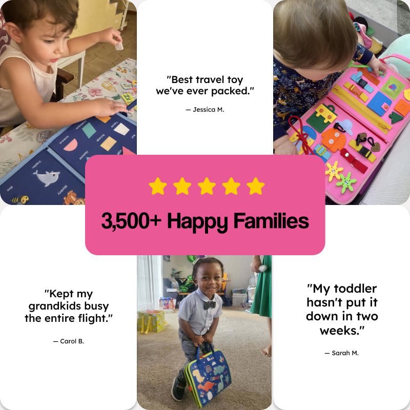 Little Hands & Big Minds Busy Book toddler activity handbag with zippers, buttons, buckles, and movable clock for ages 1-4