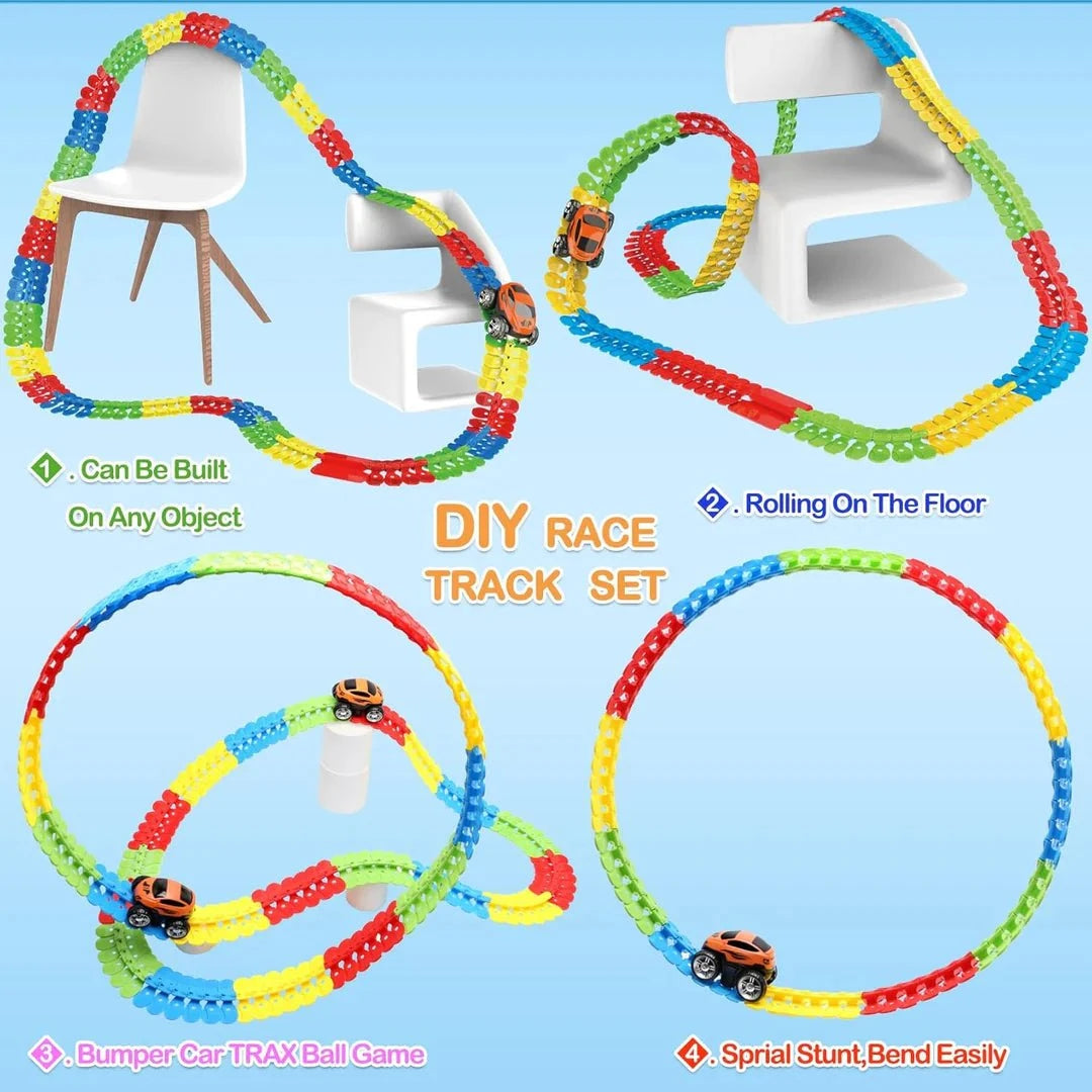 Anti-gravity race track with colorful flexible pieces and LED cars looping around chairs and spiraling on the floor for kids’ creative DIY racing fun