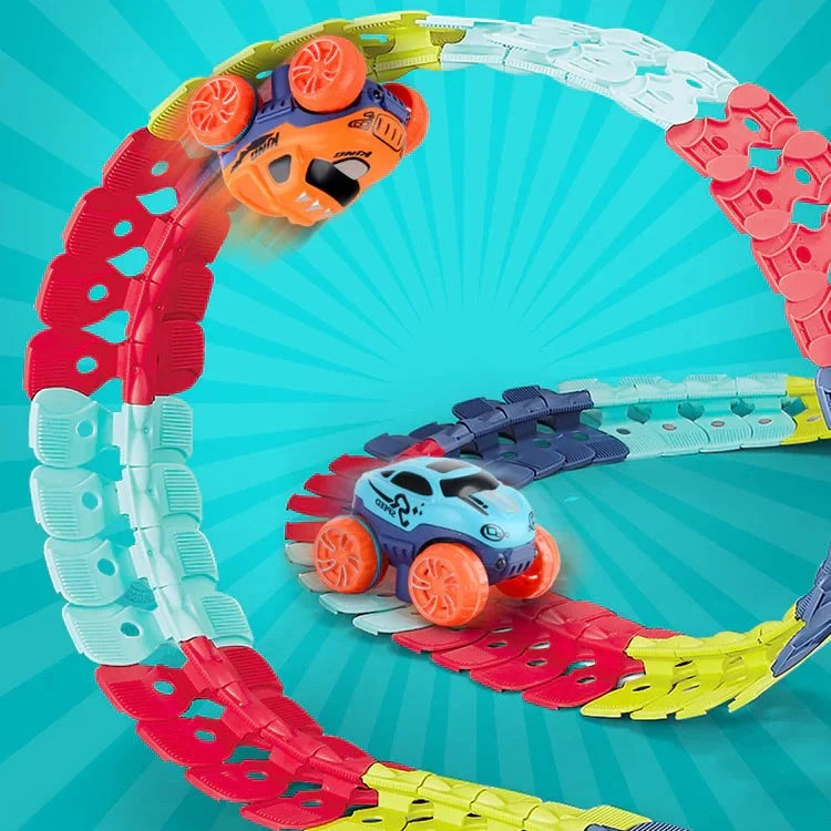 Colorful Anti-Gravity Race Track with LED cars racing on flexible looping track pieces