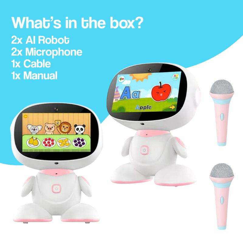 AI-Powered STEM Learning robot for kids with interactive screen, two microphones, cable, and manual included