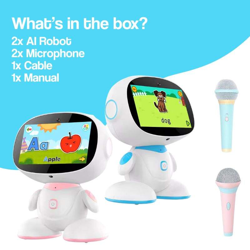 AI-powered STEM learning robot with interactive screen, two microphones, educational apps, and fun features for kids age 6+