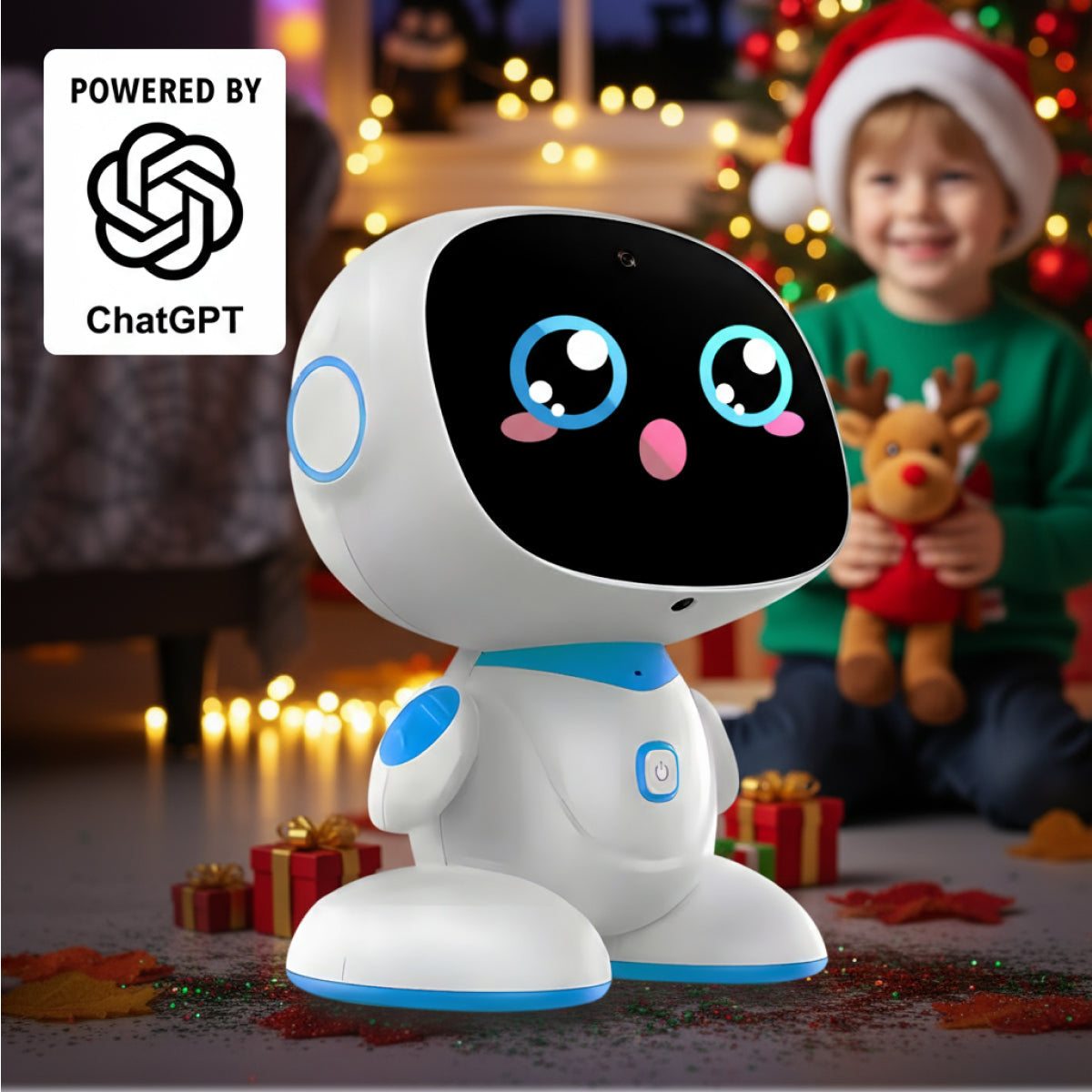 ChatGPT powered AI robot for STEM learning and play with interactive features and festive background