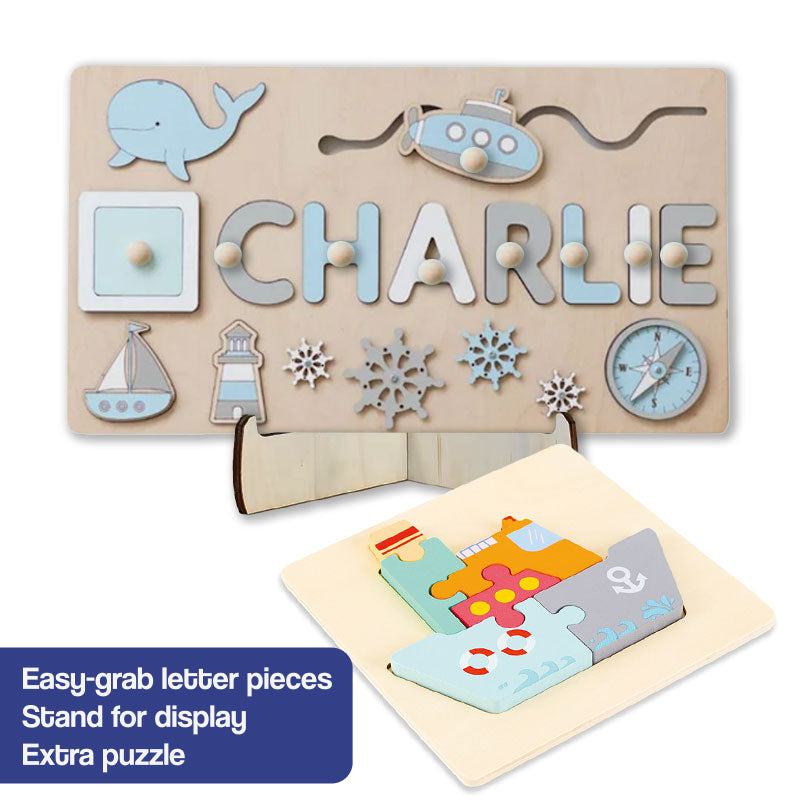 Custom Name Montessori Board with personalized wooden letters and extra puzzle for kids learning and play