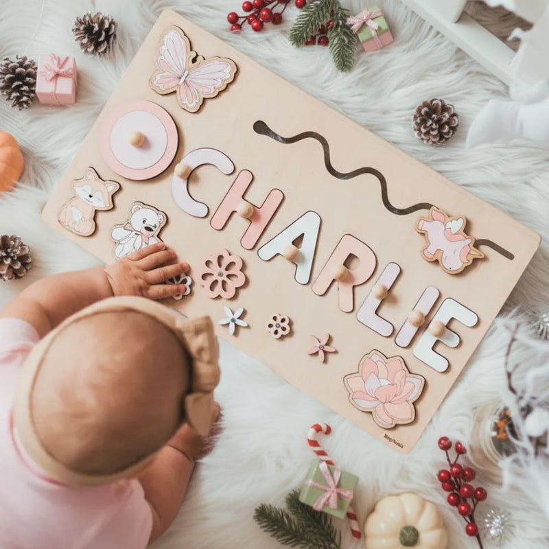 Custom Name Montessori Board personalized wooden puzzle for kids with decorative shapes and letters spelling Charlie on festive background