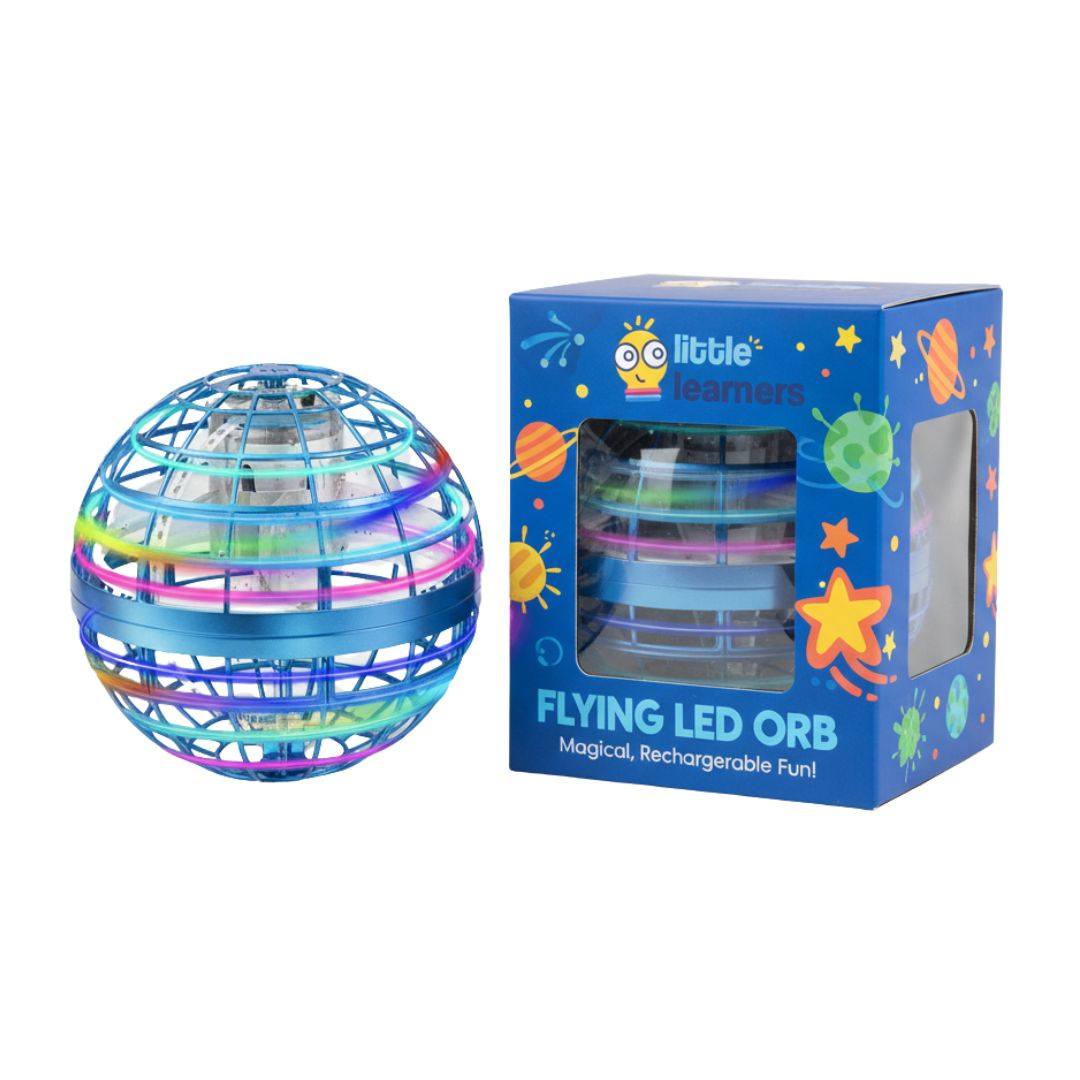 Galaxy Lights Flying Magic Orb toy with colorful LED lights and protective cage next to its blue space-themed packaging box