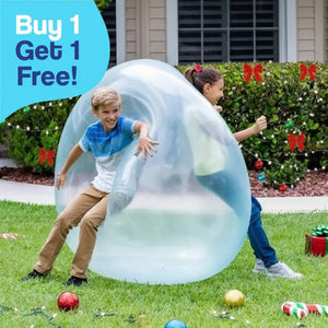 Kids playing outdoors with a Giant Jelly Balloon Ball inflatable toy during Christmas, promoting active fun and physical play
