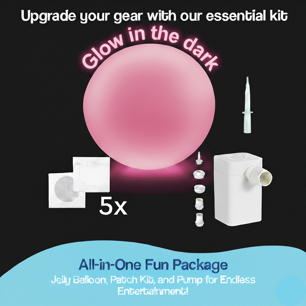 Giant Jelly Balloon Ball with glow-in-the-dark feature, patch kit, and pump for outdoor interactive play and fun activities.