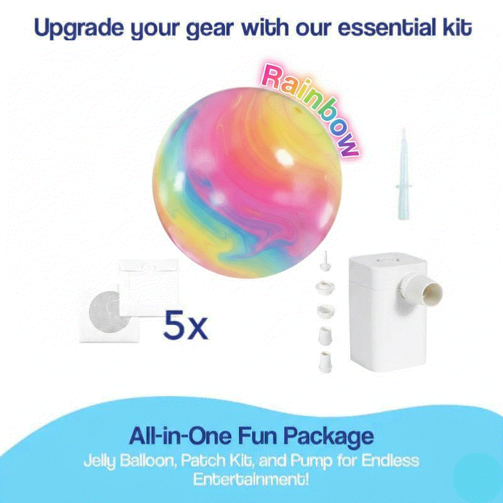 Giant Jelly Balloon Ball inflatable toy with rainbow colors, pump, patch kit, and accessories for outdoor fun and active play.