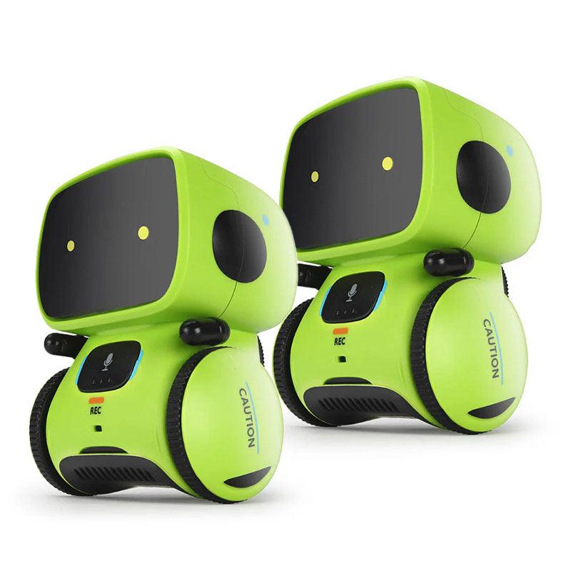Two green Robby the Robot interactive educational toys with voice recognition on a white background