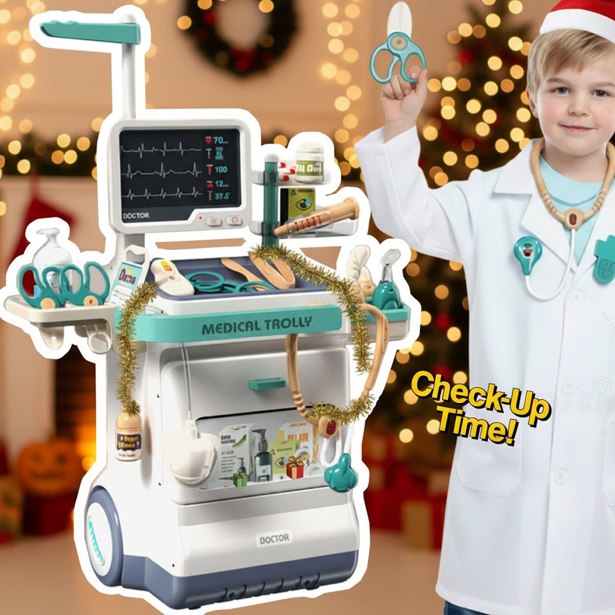 Child playing with Little Doctor Adventure Play Kit medical trolley and tools for pretend check-up at Christmas