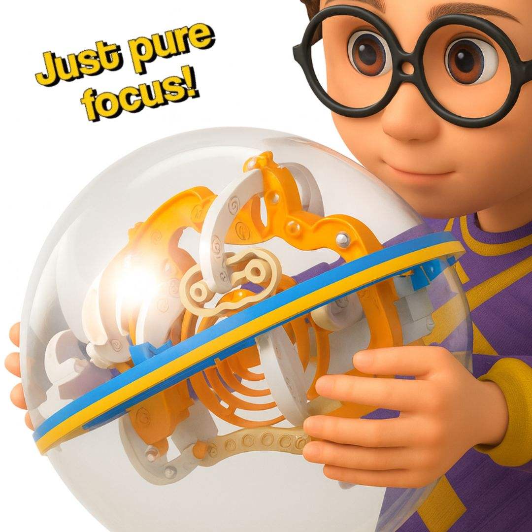Child playing with MindBender 3D Gravity Maze Ball toy focusing on navigating the metal ball through the maze