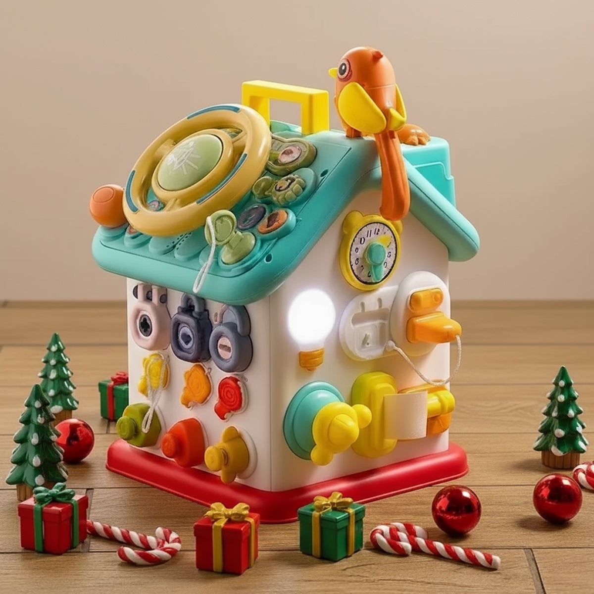 Montessori Busy House toy with lights, switches, and interactive elements for toddler fine motor skills development and sensory play.