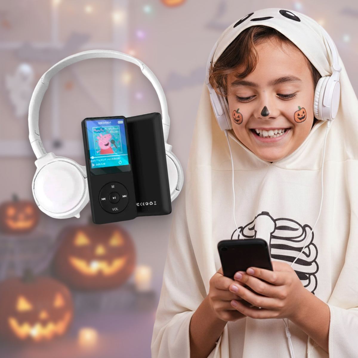 Child enjoying Halloween-themed MP3 player with headset in festive pumpkin background