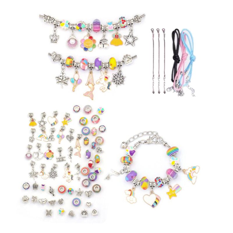 Kids bracelet-making kit with colorful beads, charms, and adjustable cords for creative DIY jewelry making.