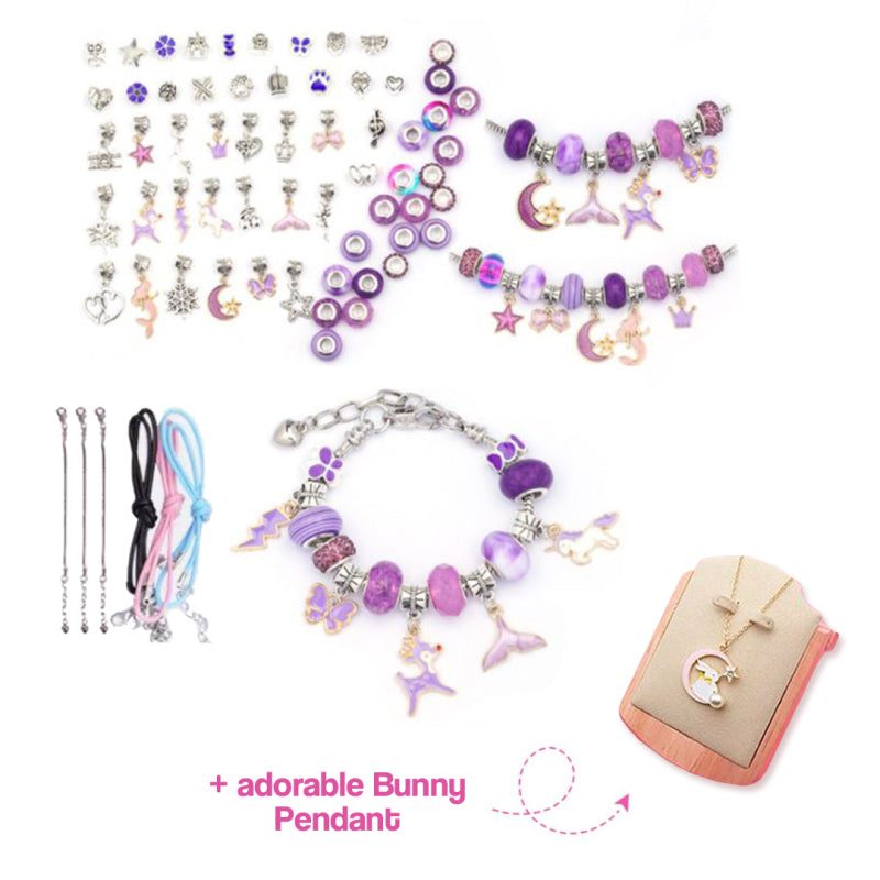 Kids bracelet-making kit with purple beads, charms, bunny pendant, and snake chains for creative jewelry crafting