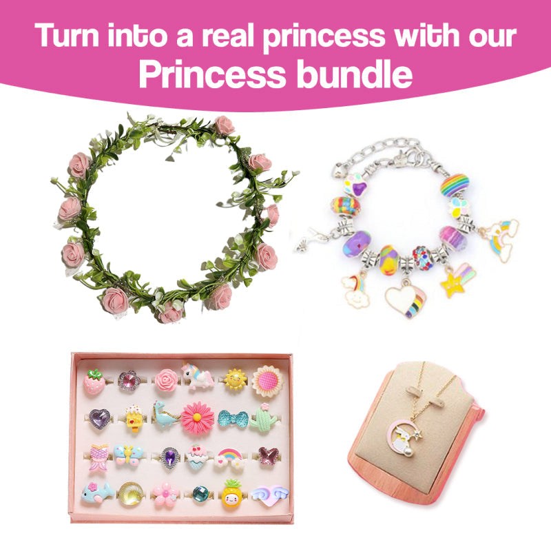 Princess bundle with floral crown, charm bracelet, colorful rings, and unicorn necklace for kids bracelet-making kit