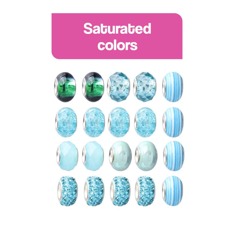 Blue and green multicolored beads for kids bracelet-making kit with saturated colors