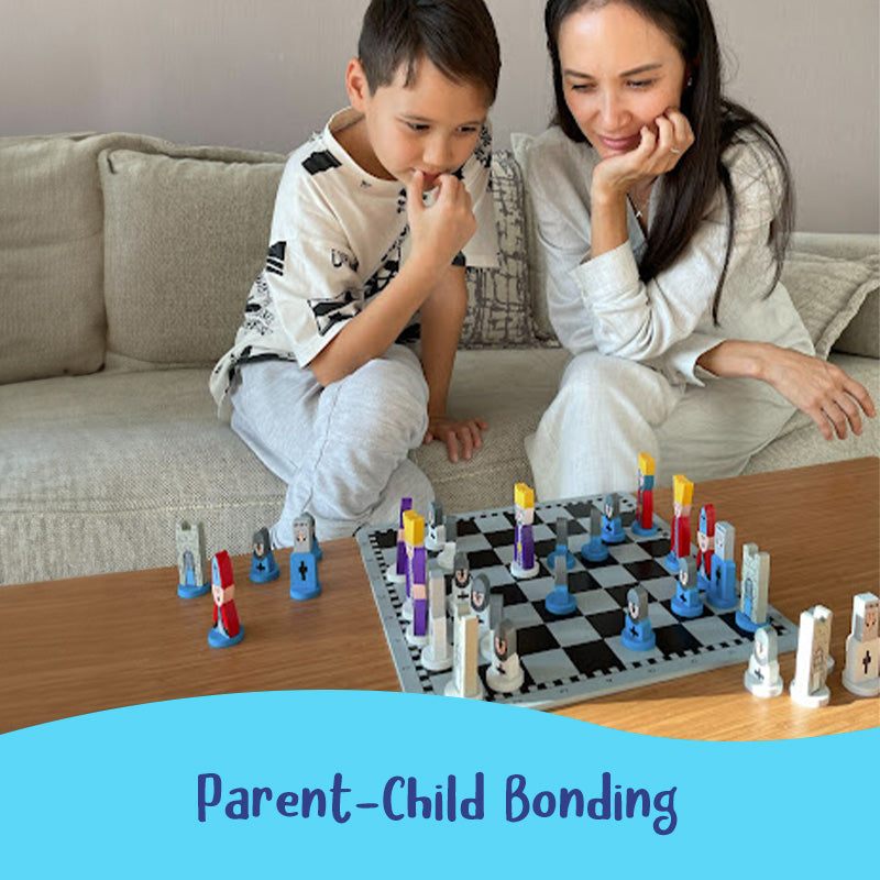Mother and child playing Educational Wooden Cartoon Chess Set together at home for parent-child bonding